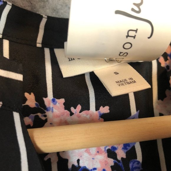 Maison Jules Dress S Striped Floral Black Shirtdress Above Knee Long Sleeve - Picture 6 of 12